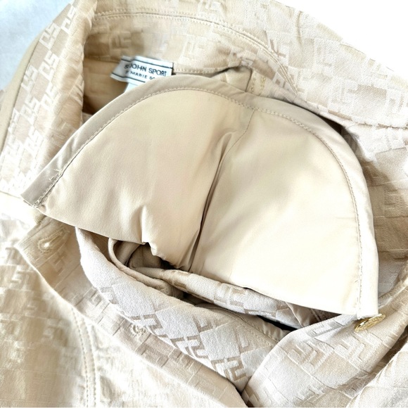 St John Vintage Women Size 2 Tan Logo Cotton Viscose Jacket Pants Set Gold - Picture 9 of 16